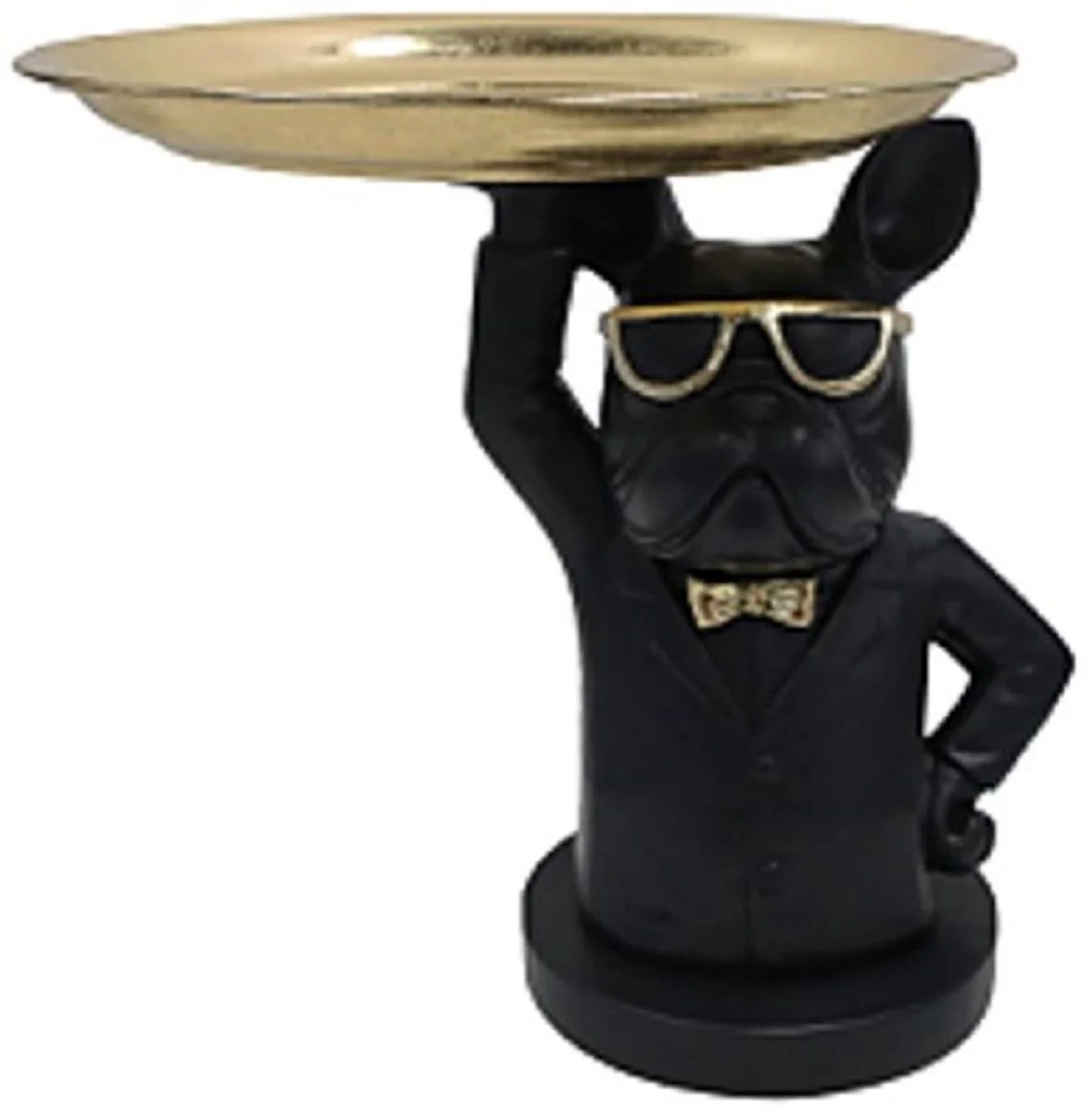 Casa Padrino mesa auxiliar de lujo perro con bandeja negro / oro 36,5 x 35 x A. 35 cm - Mesita de resina - Muebles de sal¨®n - Muebles de lujo - Instalaci¨®n de lujo - Interior de lujo