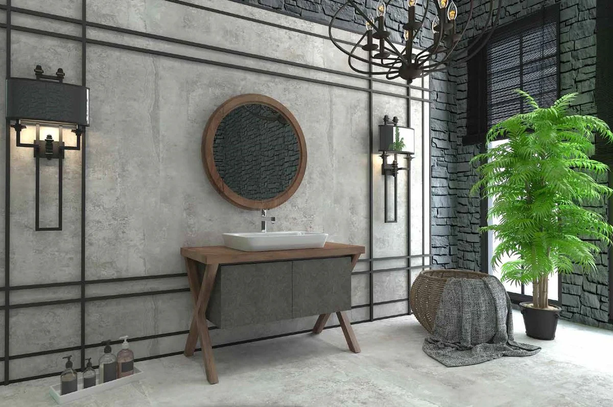 Casa Padrino Conjunto de Ba?o de Lujo Marr¨®n Oscuro / Gris Oscuro - 1 Mesa de Lavado con 2 Puertas y 1 Lavabo y 1 Espejo de Pared - Colecci¨®n de Lujo