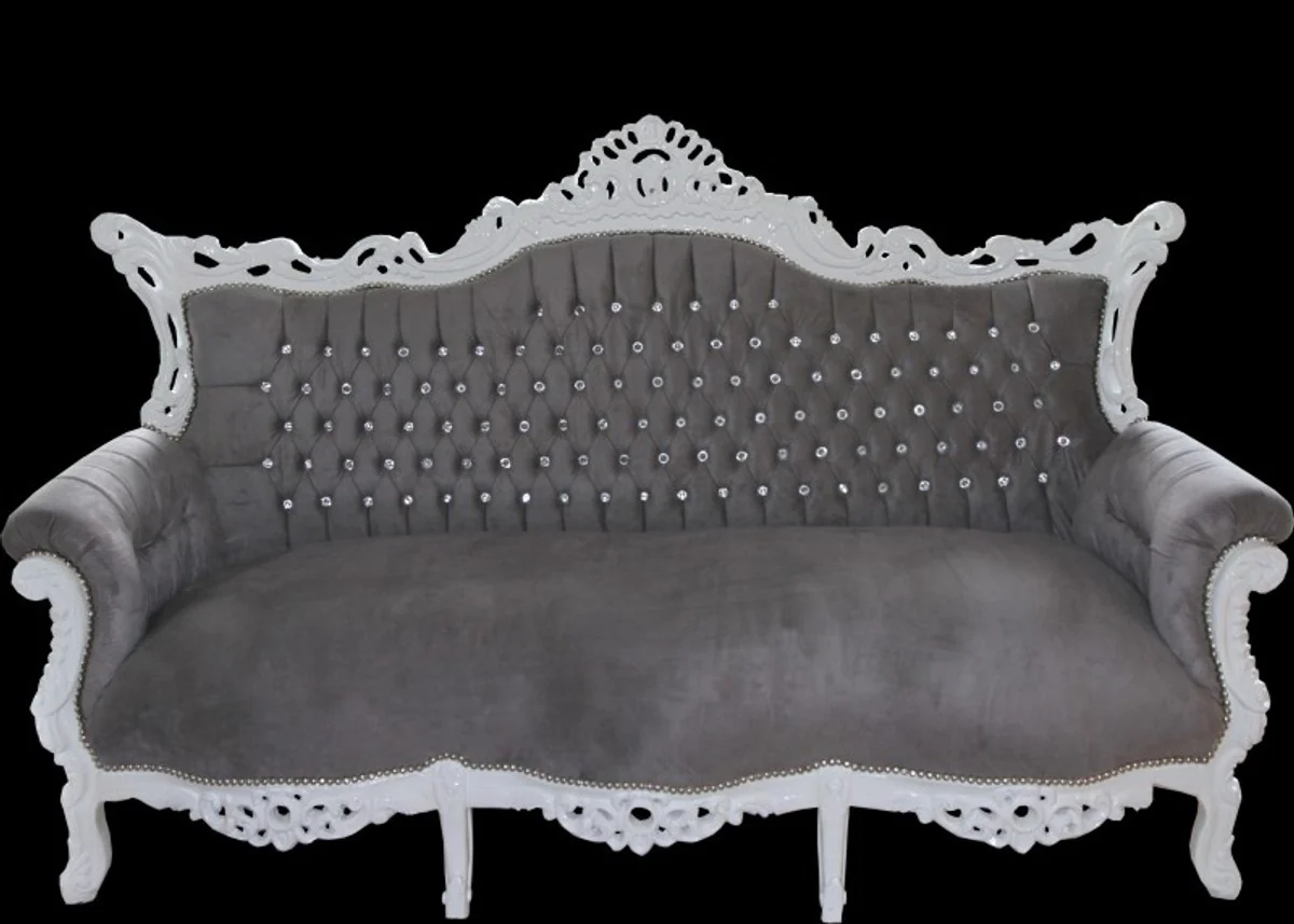 Casa Padrino Baroque 3 seater Master Grey / White with Bling Bling diamante - Living room furniture Coffee Lounge