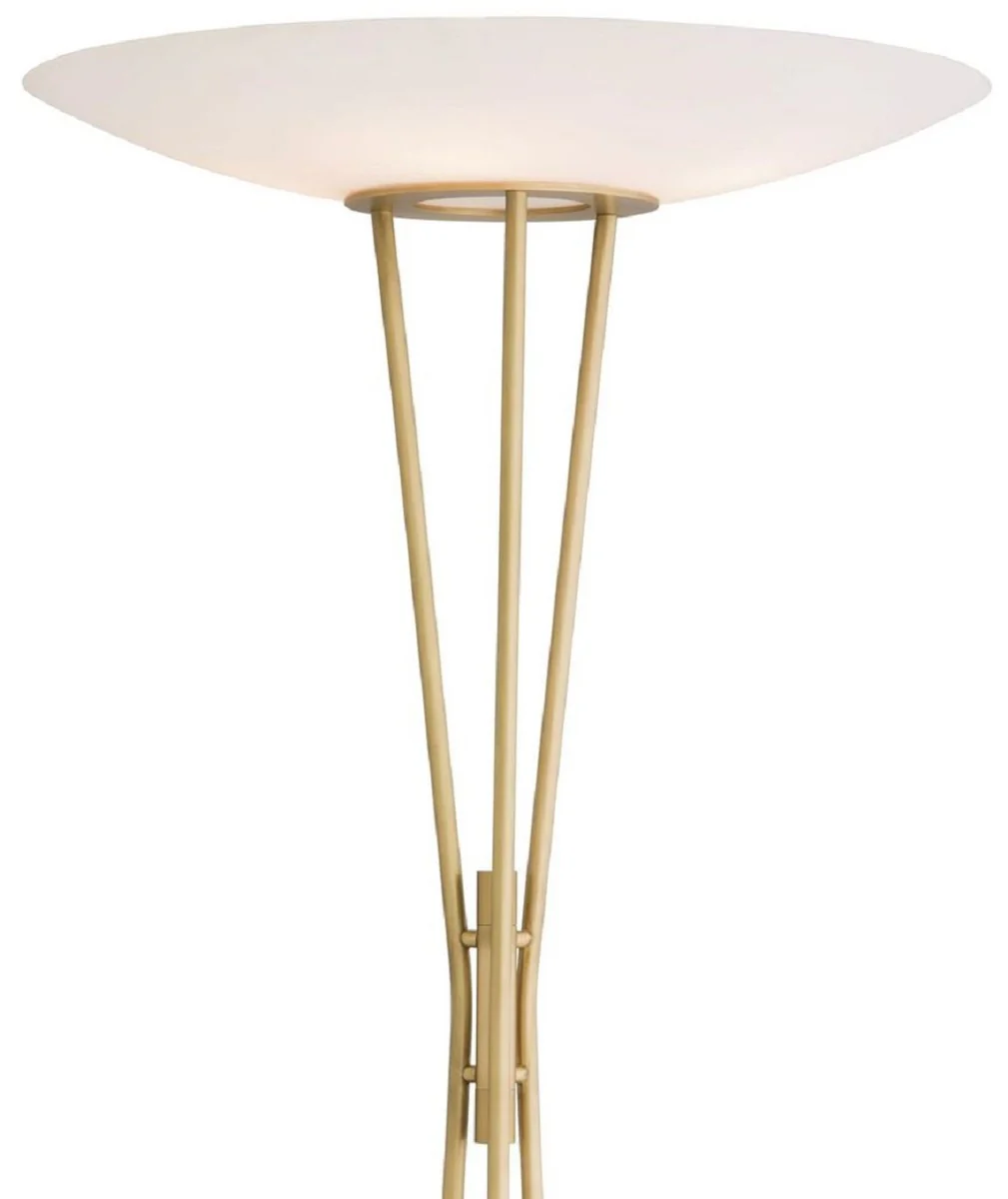 Casa Padrino lámpara de pie de lujo latón antiguo / beige / blanco Ø 70 x A. 185 cm - Lámpara moderna de acero con base de piedra natural travertino y pantalla redonda de vidrio - Colección de Lujo