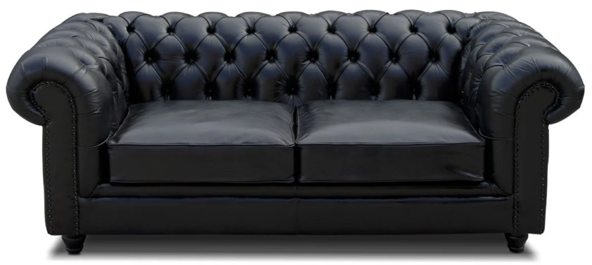 Casa Padrino sof¨¢ de cuero Chesterfield de lujo negro vintage 200 x 100 x A. 80 cm - Sof¨¢ de sal¨®n de cuero genuino - Muebles de sal¨®n - Muebles Chesterfield - Muebles de lujo - Interiores de lujo