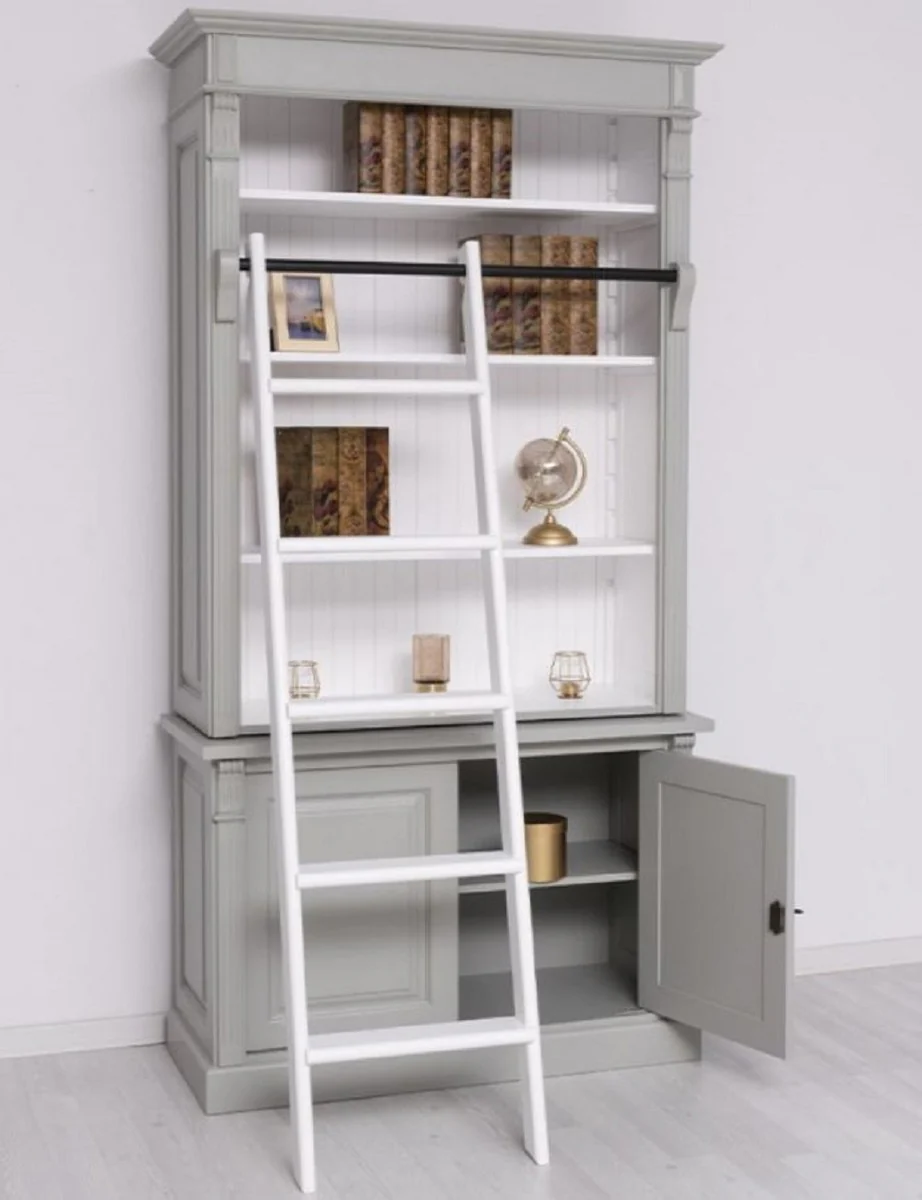 Casa Padrino armario de libros de estilo campestre con escalera gris / blanco 120 x 51 x A. 228 cm - Armario de Sala de Estar de Madera Maciza - Armario de Oficina - Muebles de Estilo Campestre