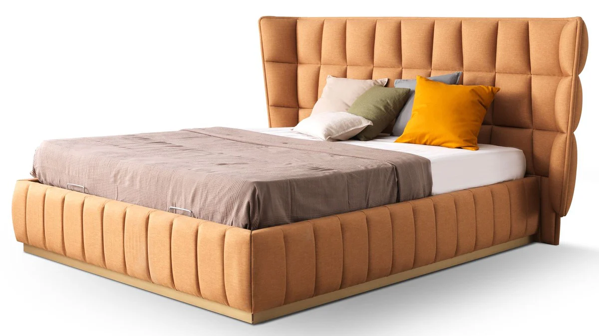 Casa Padrino Cama Doble de Lujo Marr¨®n Claro / Beige 247 x 214 x A. 126 cm - Cama de Madera Maciza - Muebles Dormitorio - Muebles Hotel - Muebles de Lujo - Interior de Lujo