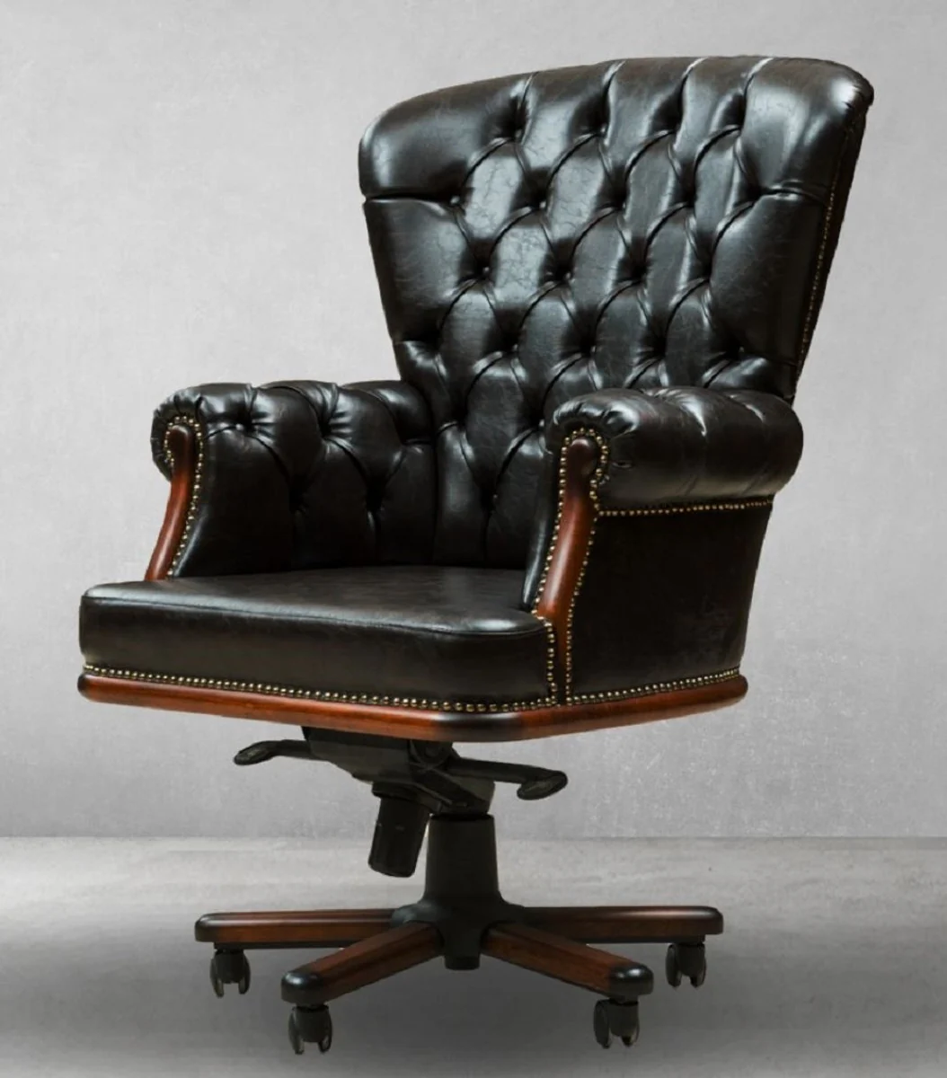 Casa Padrino silla de escritorio Chesterfield de lujo negro vintage / marrón 84 x 93 x A. 114 cm - Silla de oficina cuero artificial ajustable en altura - Muebles de oficina Chesterfield de lujo
