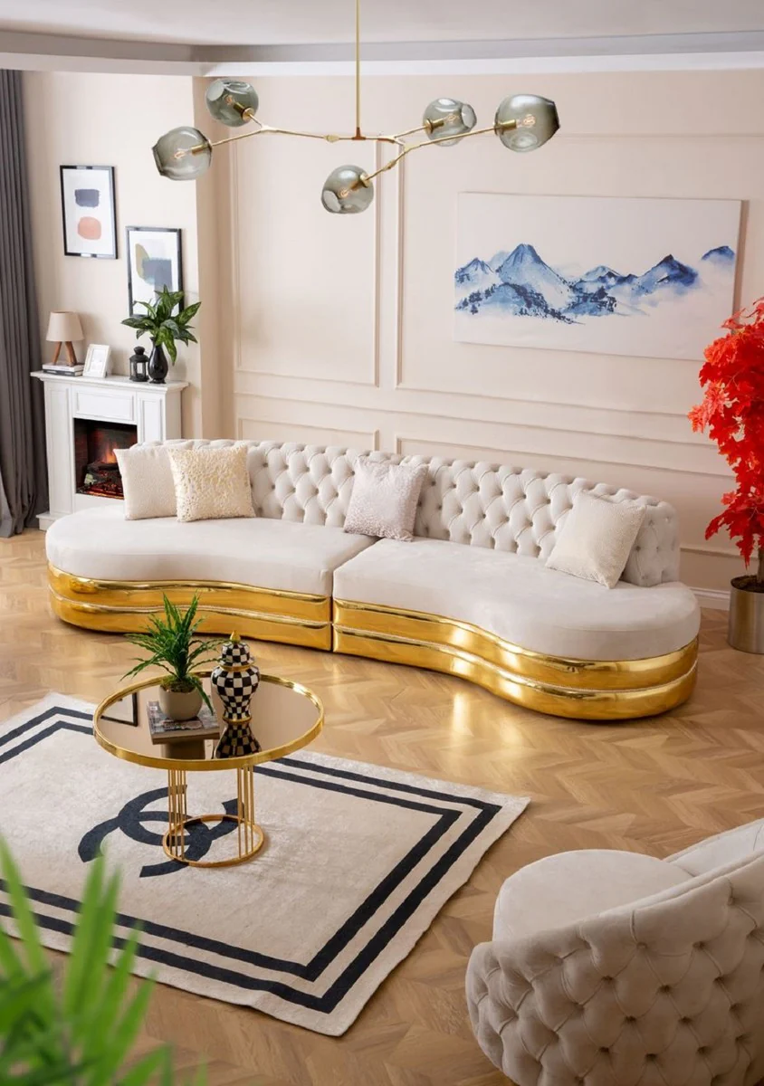 Casa Padrino sof¨¢ de 4 plazas Chesterfield de lujo crema / oro 340 x 105 x A. 82 cm - Sof¨¢ Chesterfield curvo de sal¨®n - Muebles de sal¨®n - Muebles Chesterfield - Muebles de lujo - Interior de lujo