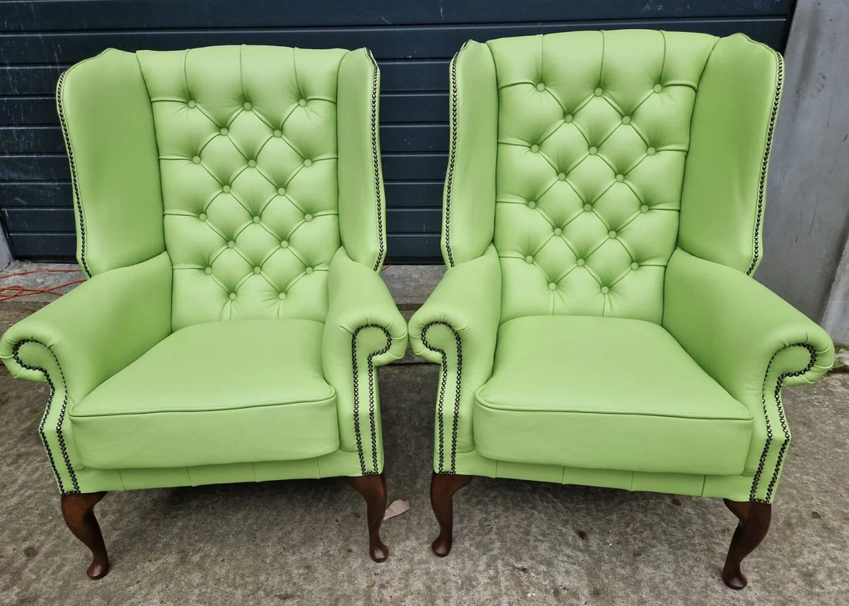 Casa Padrino sill¨®n orejero Chesterfield de cuero genuino de lujo verde claro / marr¨®n oscuro A. 110 cm