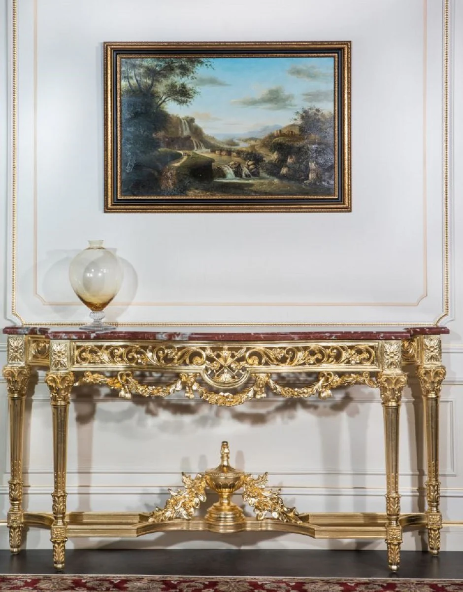 Casa Padrino consola barroco de lujo oro / rojo 200 x 48 x A. 93 cm - Magn¨ªfica consola tallada a mano con tapa de m¨¢rmol - Muebles de Castillo de Restaurante de Hotel - Calidad de Lujo - Hecho en Italia