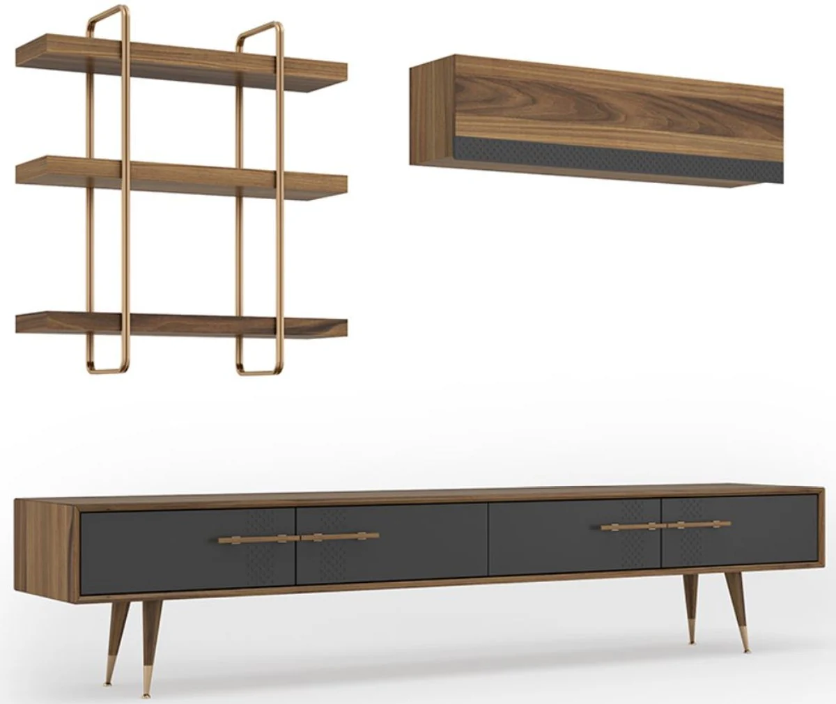 Casa Padrino conjunto de gabinete de TV para sala de estar de lujo marr¨®n / gris / lat¨®n - 1 Gabinete de TV y 1 Gabinete de Pared y 1 Estante de Pared - Conjunto de muebles - Muebles de lujo