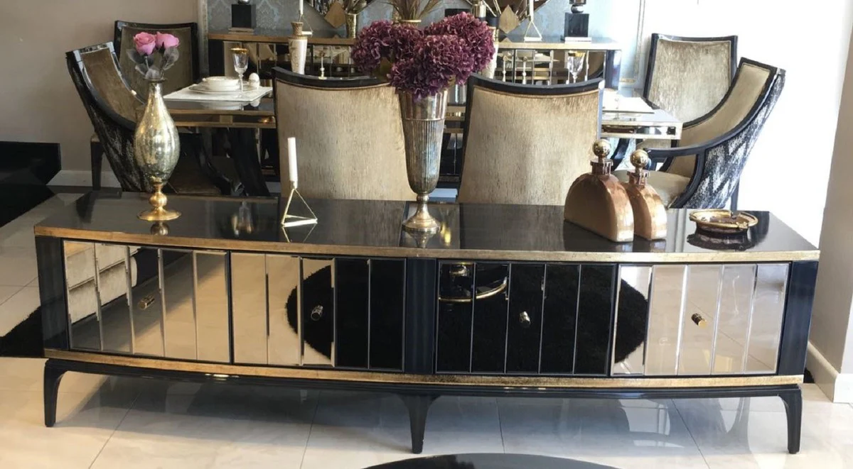 Casa Padrino gabinete de TV barroco de lujo negro / oro 230 x 55 x A. 65 cm - Mueble de TV de madera maciza con espejo - Muebles de sal¨®n barrocos