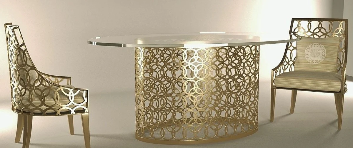 Casa Padrino conjunto de muebles de jardín de lujo crema / oro - 1 Mesa de Comedor Ovalada con Tapa de Vidrio y 6 Sillas con Cojines - Muebles de hotel terraza jardín hechos a mano - Calidad de Lujo