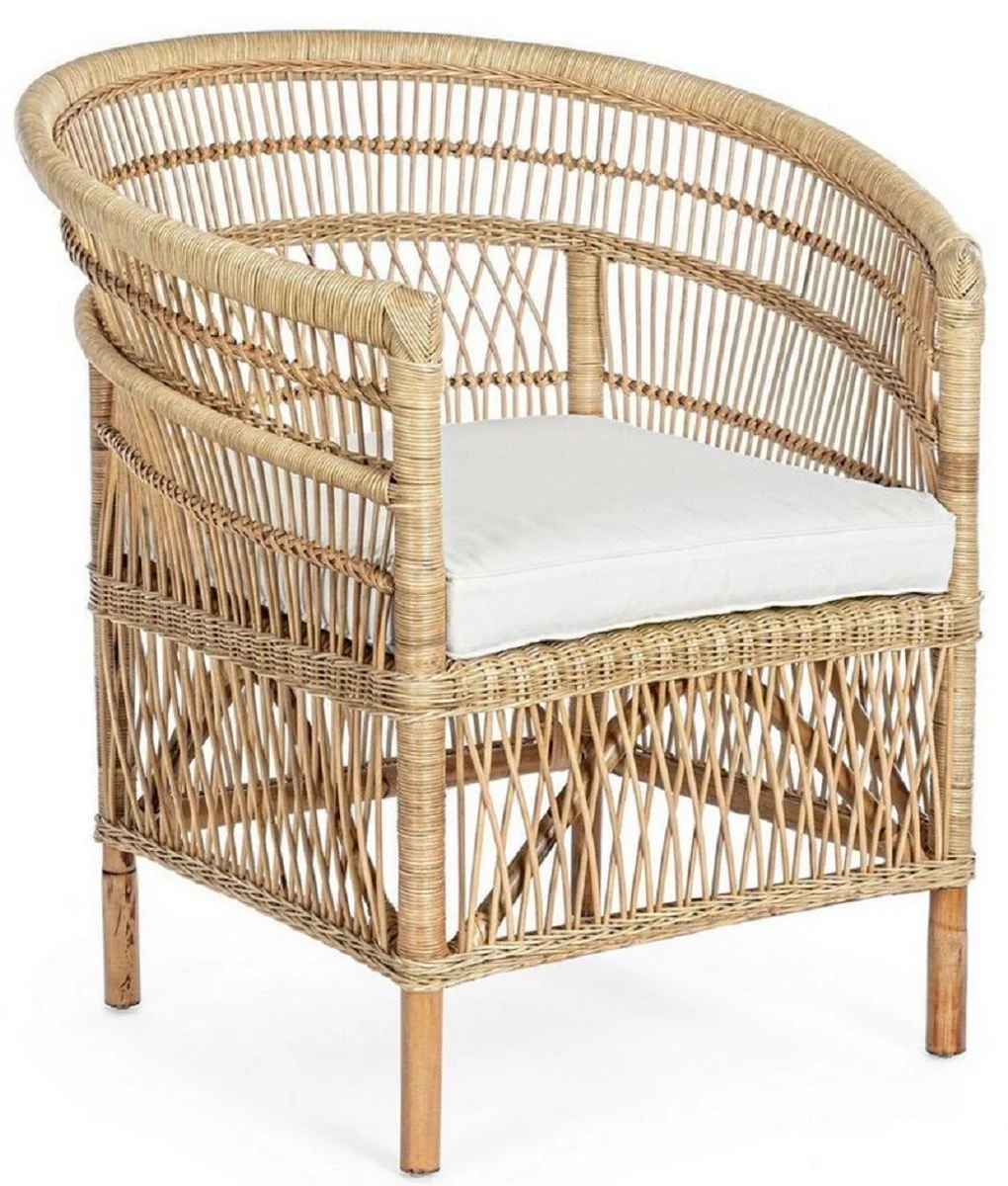 Casa Padrino sillón de jardín de lujo natural / blanco 79 x 72 x A. 86 cm - Sillón de jardín y terraza en ratán con cojín de asiento - Muebles de Jardín y Terraza - Calidad de Lujo