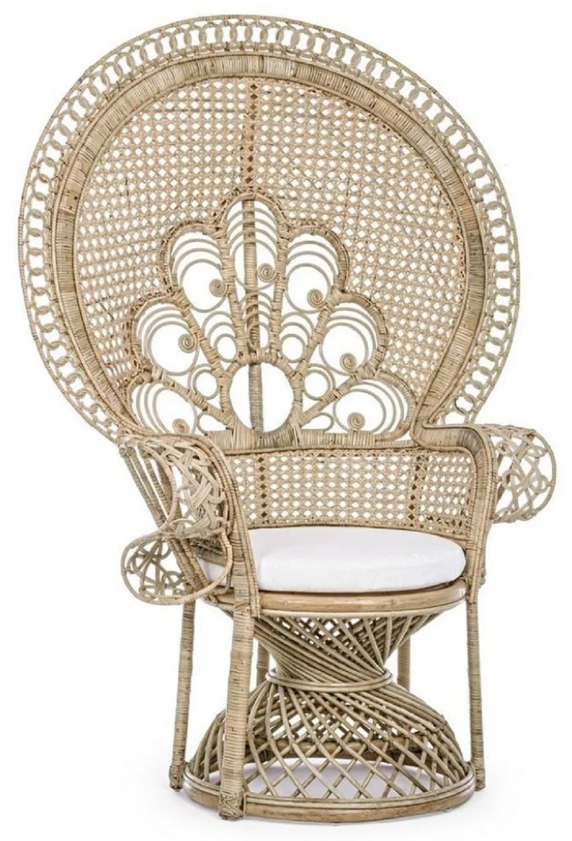 Casa Padrino sill¨®n de jard¨ªn de lujo natural / blanco 106 x 71 x A. 148 cm - Sill¨®n de rat¨¢n de estilo vintage con coj¨ªn de asiento - Muebles de rat¨¢n de estilo vintage - Muebles de jard¨ªn y patio