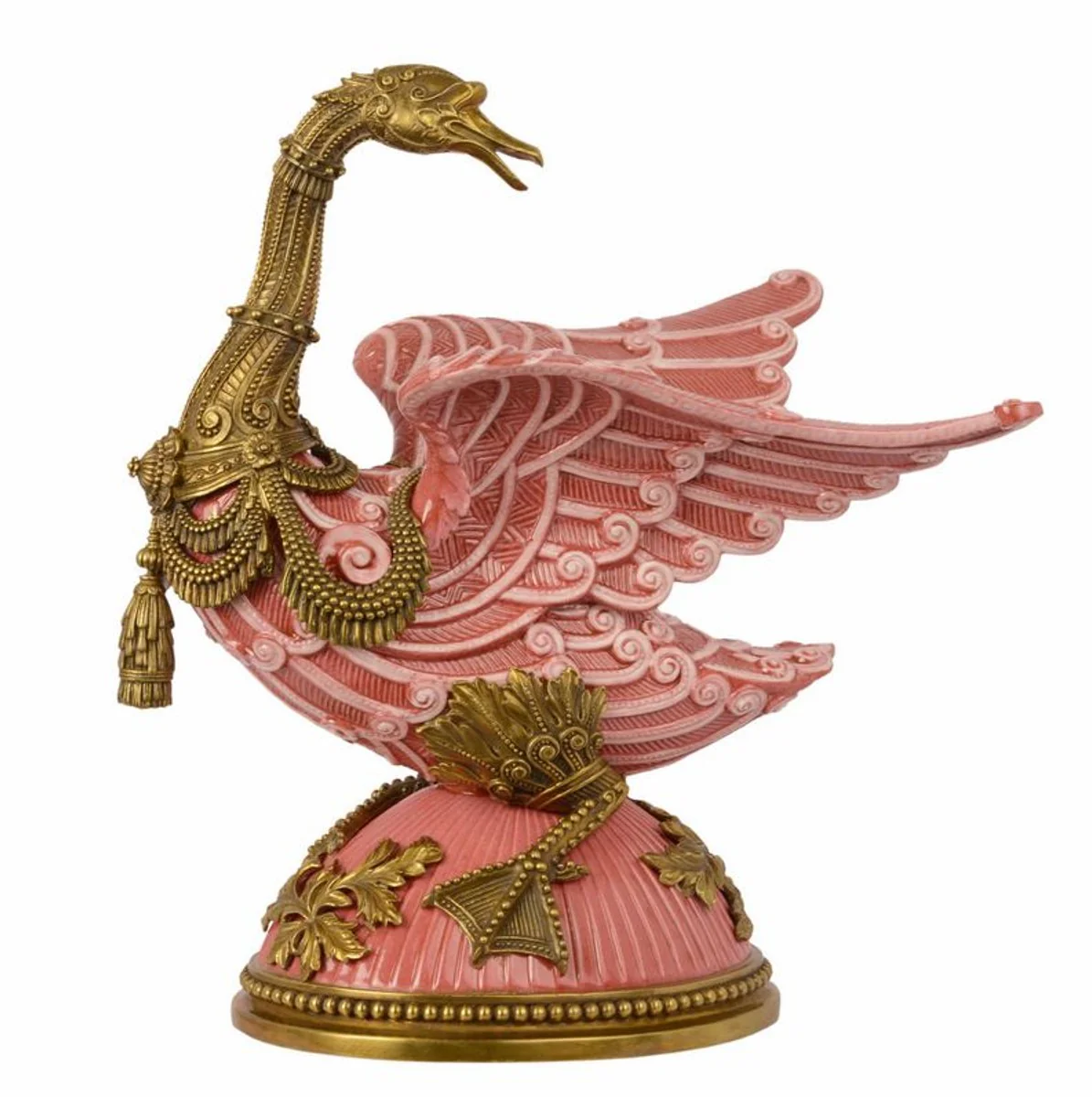 Casa Padrino Escultura barroca de ganso rosa / oro - latón / porcelana 33.4 x 22.8 x H 38.7 cm Mod2 - Estatuilla de estilo Art Nouveau de estilo antiguo rococó