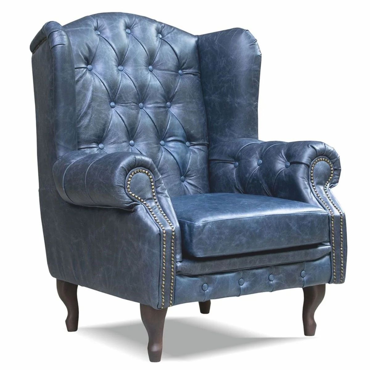 Casa Padrino sill¨®n orejero Chesterfield de lujo de cuero genuino azul vintage / marr¨®n oscuro