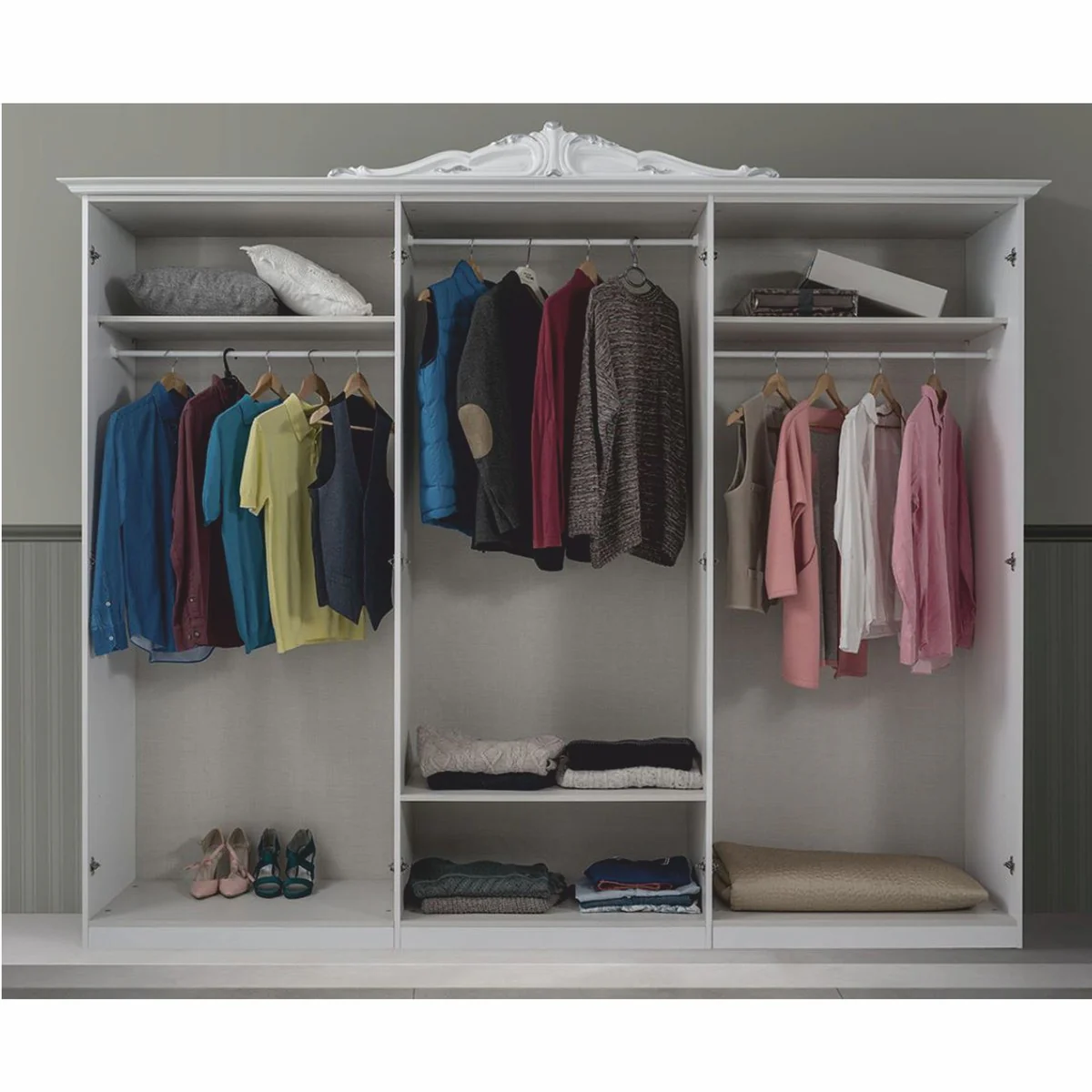 Casa Padrino armario de dormitorio barroco de lujo blanco / gris 261,4 cm - Muebles de dormitorio barrocos