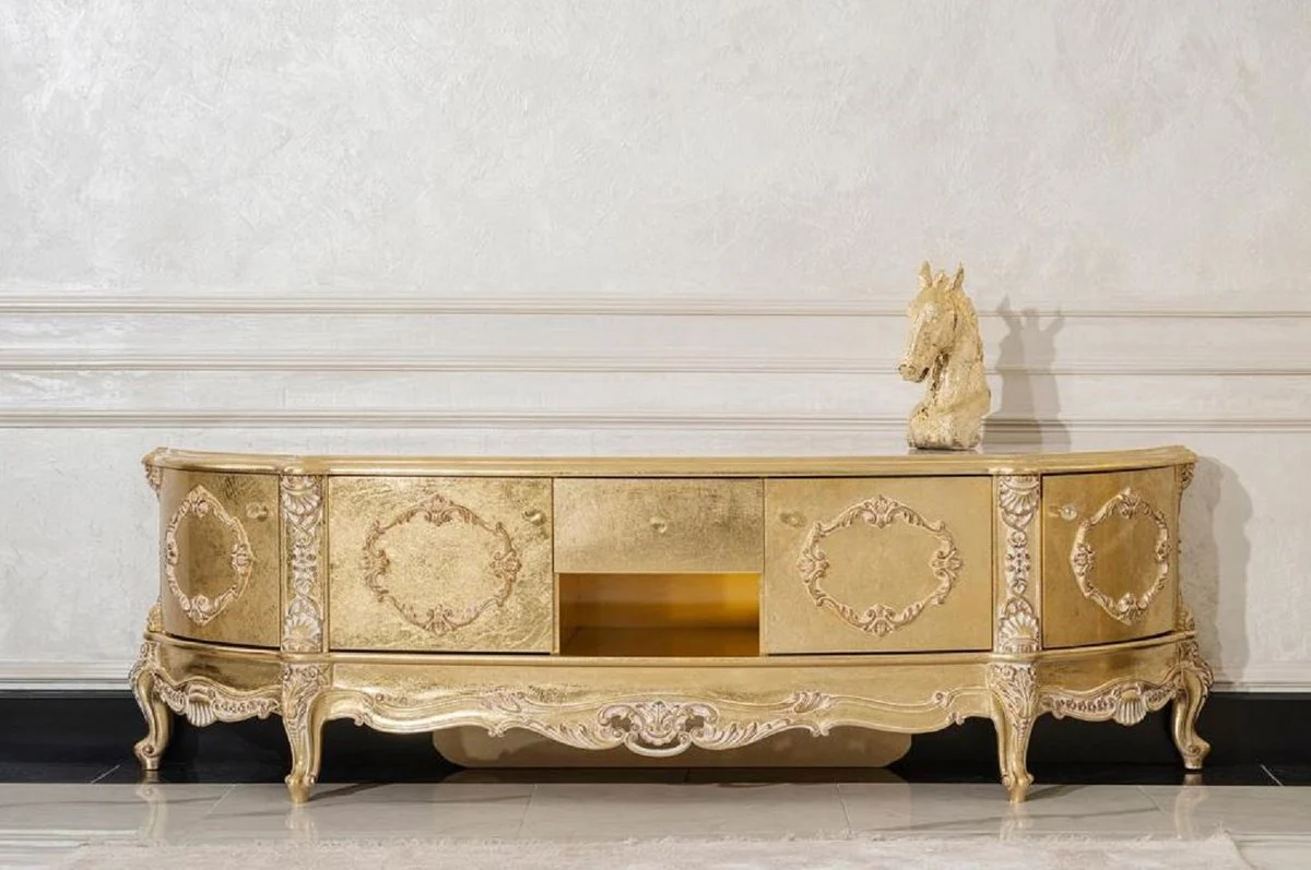 Casa Padrino gabinete TV barroco de lujo oro - Magnífico aparador de madera maciza con 4 puertas y cajón - Muebles de salón en estilo barroco - Muebles barrocos - Noble y Magnífico