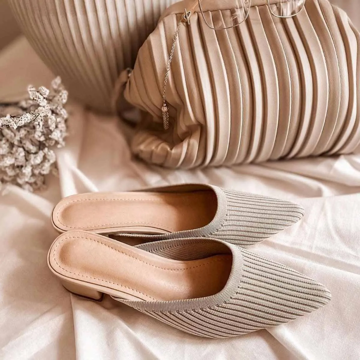 Pointed Toe Mules for Women Breathable Knit Slip-on Flat Shoes