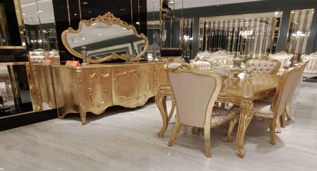 Casa Padrino conjunto de muebles barrocos de lujo oro - 1 Aparador Barroco con 4 Puertas y 1 Espejo de Pared Barroco - Magníficos Muebles Barrocos