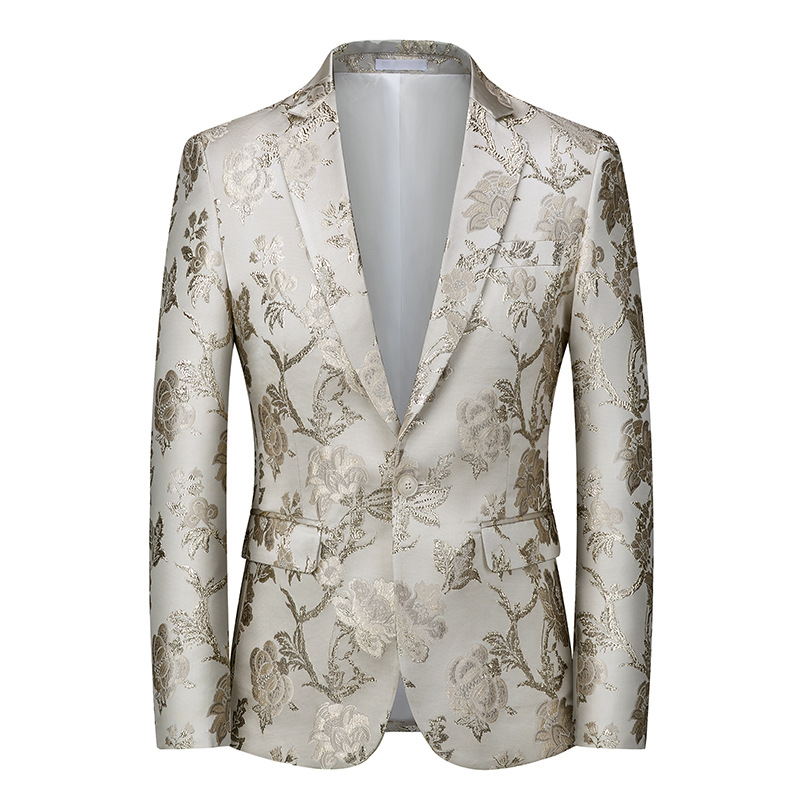Fashion Floral Jacquard Notch Lapel One Button Slim Fit Blazer
