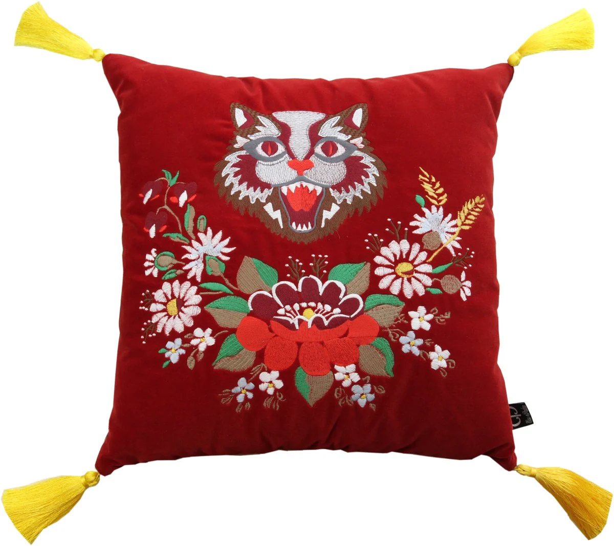 Coj¨ªn decorativo de lujo Casa Padrino con borlas Gato rojo / amarillo 45 x 45 cm - Terciopelo fino - Coj¨ªn de vida