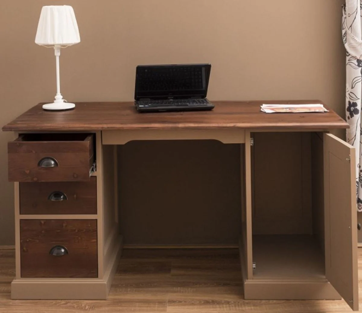 Casa Padrino escritorio de madera maciza de estilo campestre con puerta y 3 cajones beige / marr¨®n oscuro 152 x 70 x A. 78 cm - Muebles de Oficina en Estilo Campestre