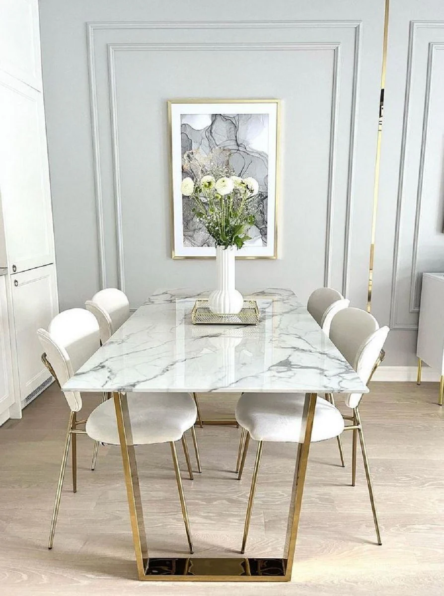 Casa Padrino mesa de comedor de lujo blanco / oro 160 x 80 x A. 75 cm - Mesa de comedor con tapa de m¨¢rmol artificial - Muebles de comedor - Muebles de lujo - Interiores de lujo