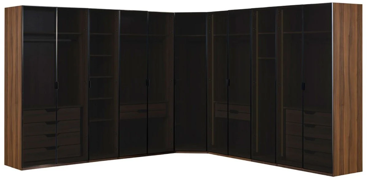 Casa Padrino armario esquinero de lujo marr¨®n / negro 345 x 345 x A. 220 cm - Armario de dormitorio de madera maciza con 11 puertas de cristal e iluminaci¨®n LED - Muebles de Dormitorio de Lujo