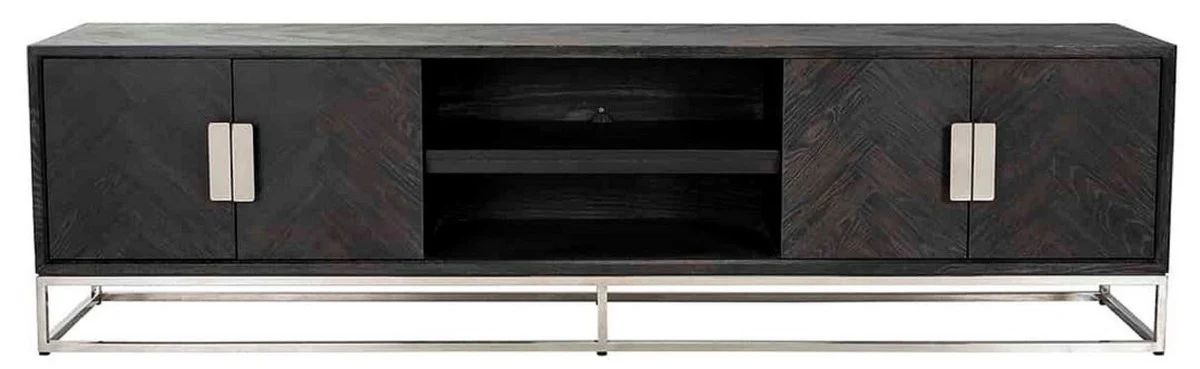 Casa Padrino gabinete de TV de lujo negro / plata 220 x 42,5 x A. 60 cm - Aparador de madera maciza con 4 puertas - Muebles de salón - Muebles de hotel - Colección de Lujo