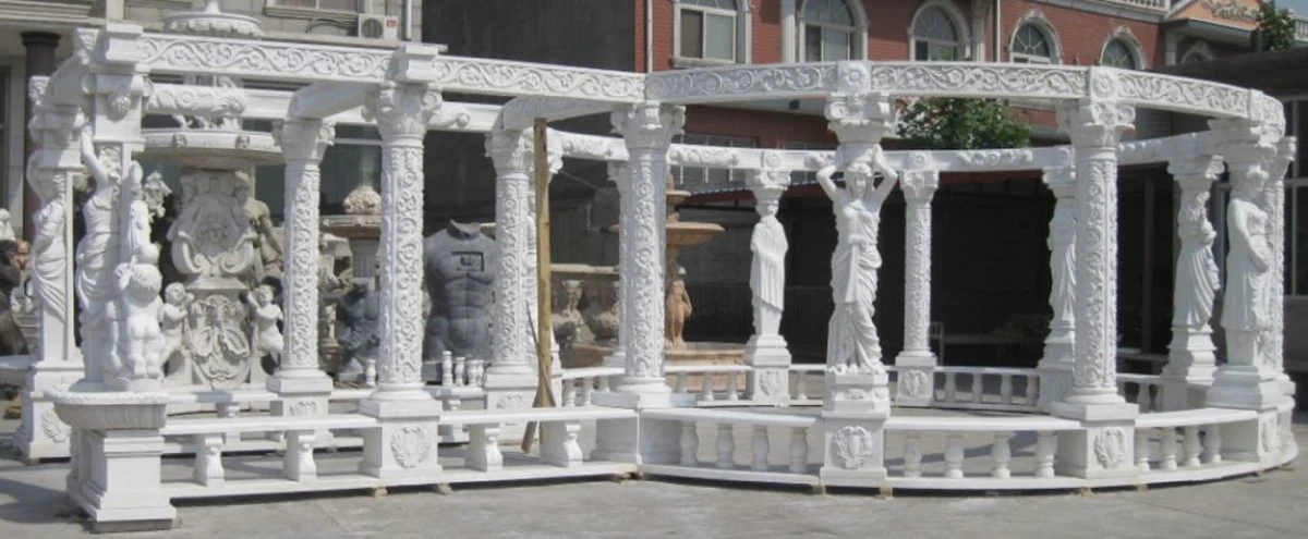 Casa Padrino pabellón de jardín Art Nouveau de lujo blanco 950 x 600 x A. 300 cm - Enorme pabellón de mármol con estatuas nobles y bancos integrados - Magnífica Decoración de Jardín Barroco y Art Nouveau