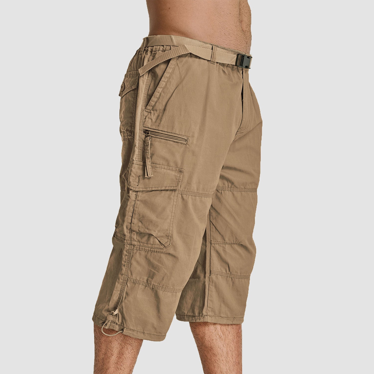 Men Summer Casual 3/4 Long Cargo Shorts Twill Cotton Elastic Waist Multiple Pockets Comfortable Capris Trousers