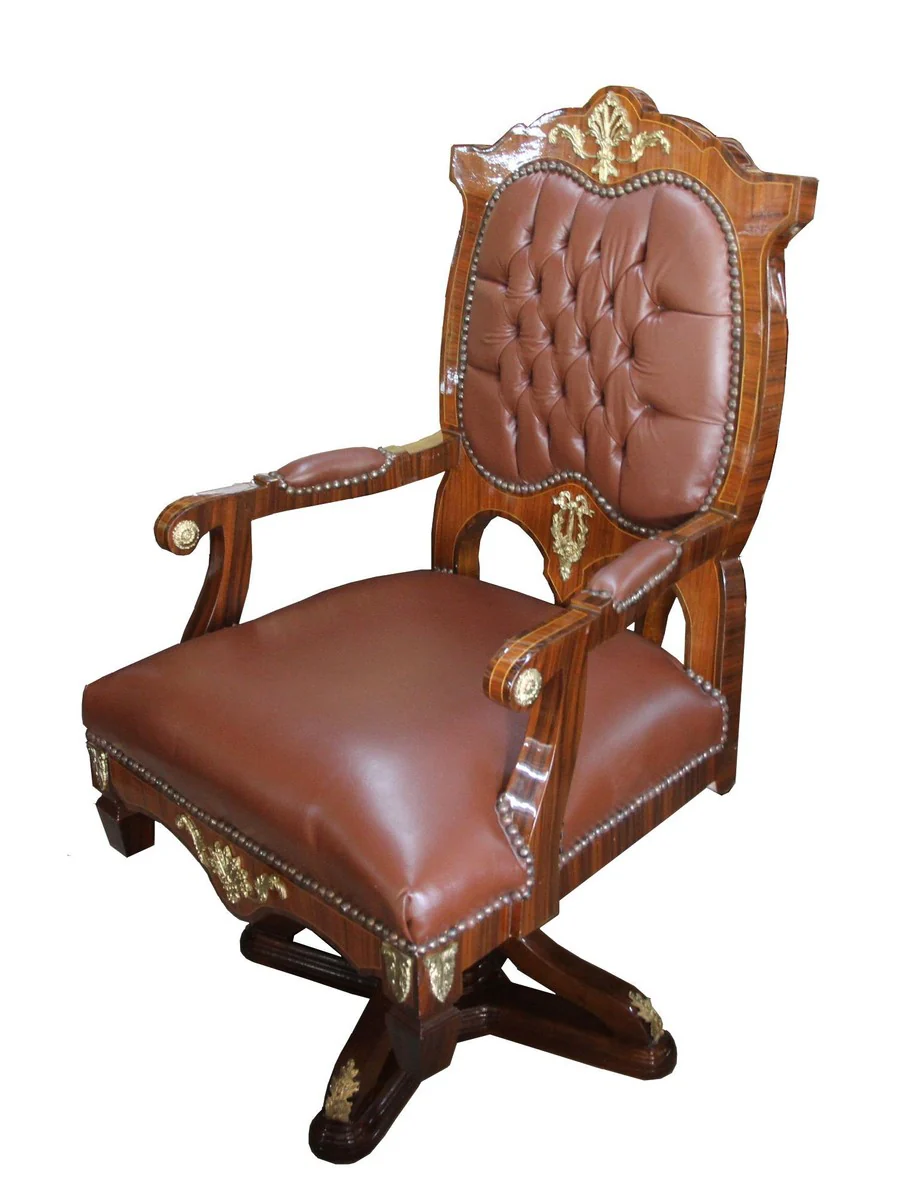 Casa Padrino Antique Leather Chair Chefsessel Mahogany Chair Brown / Gold - special dimensions