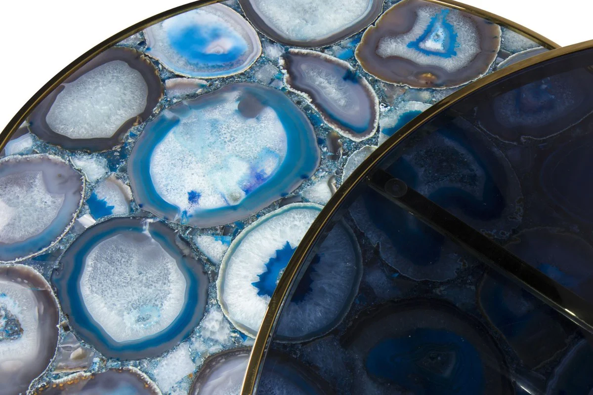 Casa Padrino conjunto de mesa de centro de lujo azul / oro - 2 Mesas de sal¨®n redondas con piedras preciosas de ¨¢gata y placa de vidrio - Calidad de Lujo - Muebles de Sal¨®n de Lujo