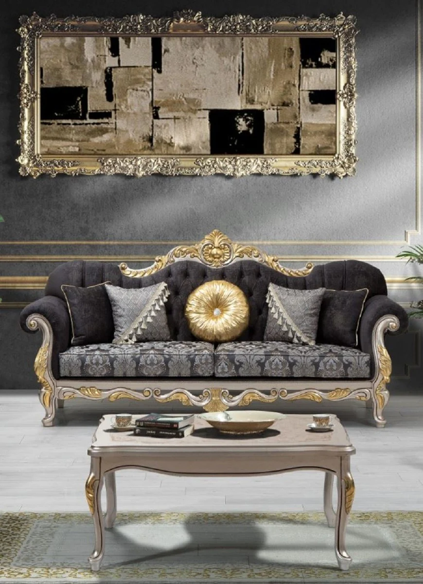 Casa Padrino conjunto de sala de estar barroco de lujo negro / plata / oro - 2 Sof¨¢s y 2 Sillones y 1 Mesa de Centro - Muebles de sal¨®n en estilo barroco - Noble y Magn¨ªfica