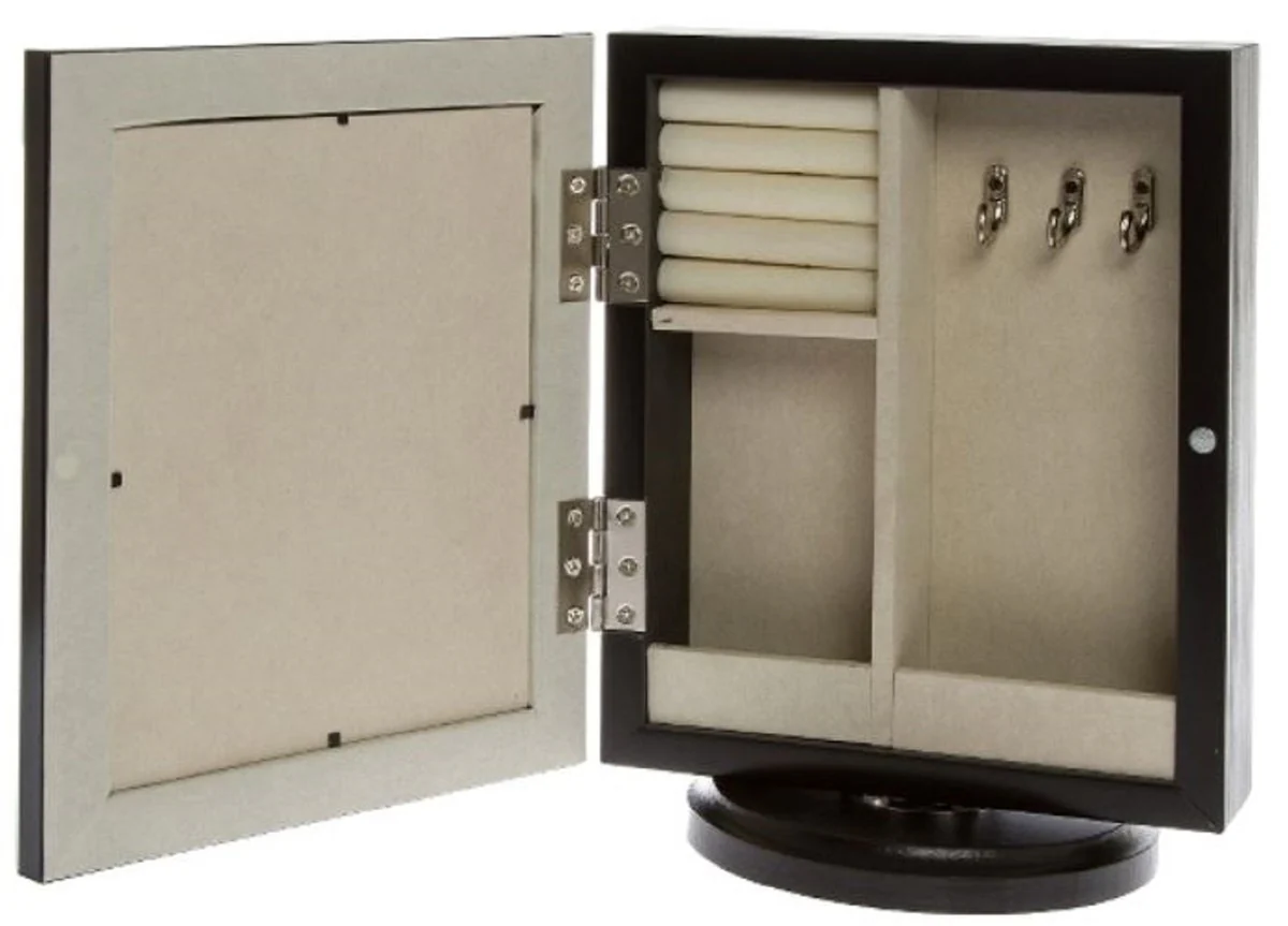 Casa Padrino Gabinete de Joyer¨ªa de Lujo Negro / Crema / Plata 20 x 15 x H. 27 cm - Gabinete de Joyer¨ªa Peque?o con Marco de Fotos Puerta con Espejo y Base Giratoria