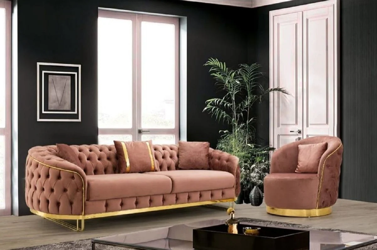 Casa Padrino sill¨®n Chesterfield de lujo rosa / oro 90 x 95 x A. 75 cm - Sill¨®n de sal¨®n moderno - Muebles de Sal¨®n Chesterfield