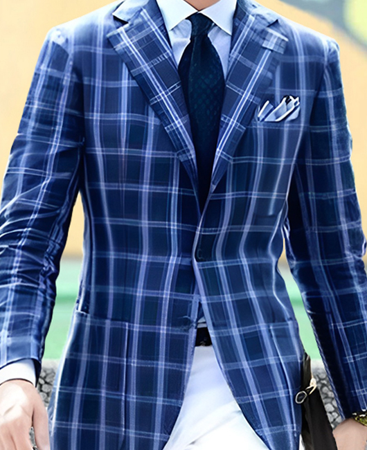 Classic Plaid Pocket Notch Lapel Two Button Blazer