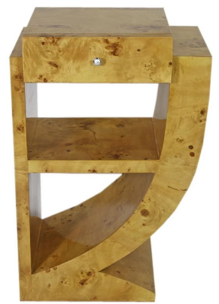 Casa Padrino Conjunto de Mesa Auxiliar Art D¨¦co Marr¨®n Claro 50 x 40 x H. 75 cm - Mesas Auxiliares de Madera Burl con Caj¨®n - Mesitas de Noche - Calidad de Lujo
