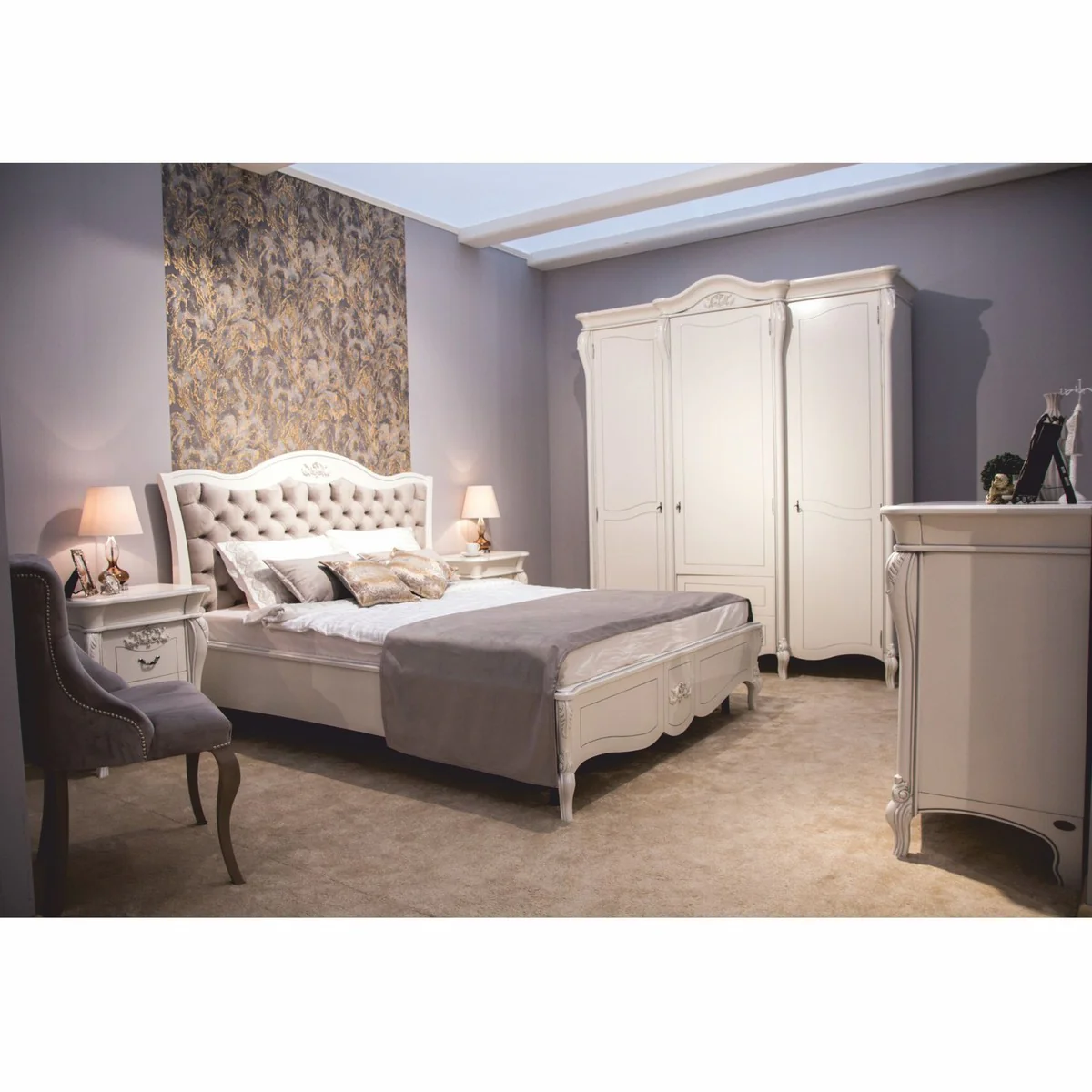 Casa Padrino cama doble barroco de lujo de madera maciza blanco / gris - Muebles de dormitorio barrocos