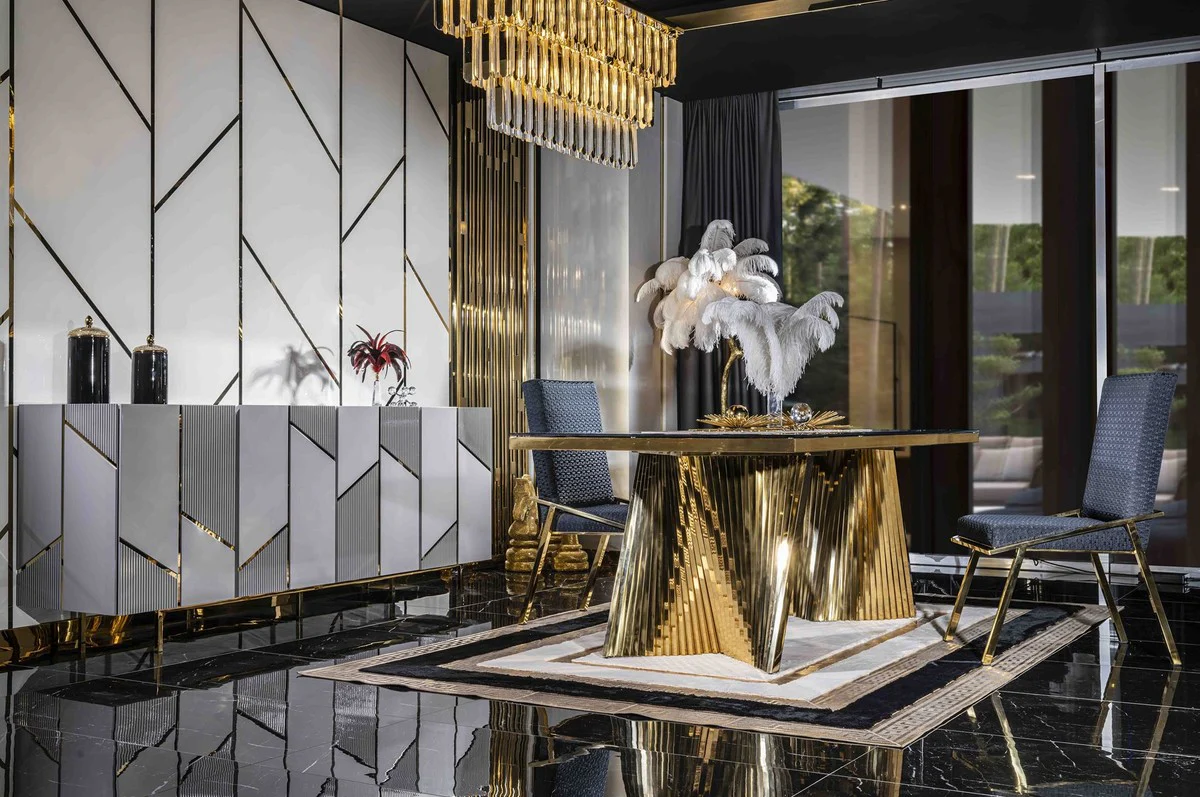 Casa Padrino aparador de lujo gris / oro 220 x 51 x A. 86 cm - Armario de madera maciza con 4 puertas - Muebles de comedor - Muebles de salón - Muebles de hotel - Muebles de lujo