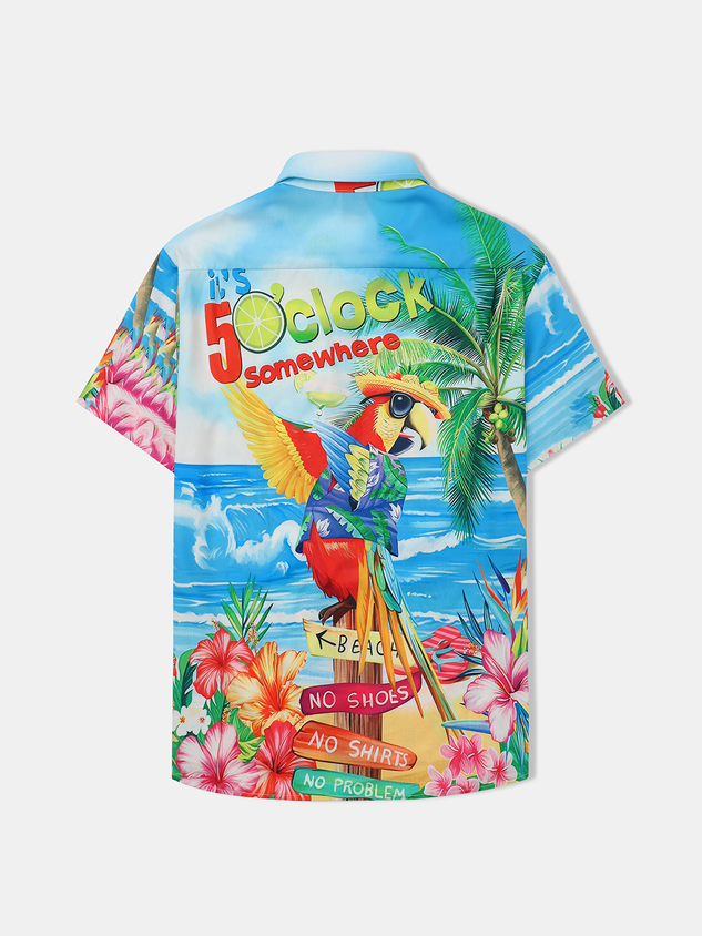 It's 5 O'Clock Somewhere Parrot Chest Pocket Short Sleeve Hawaiian Shirt
