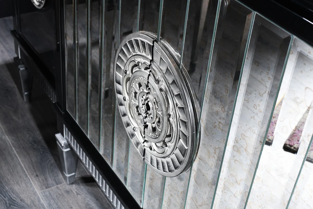 Casa Padrino conjunto de sala de estar barroco de lujo negro / plata - Aparador y 3 Espejos - Muebles Barrocos