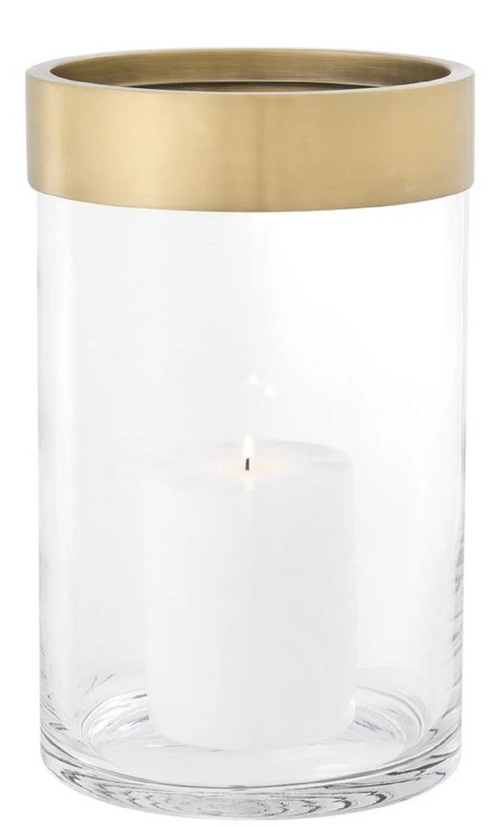 Casa Padrino portavela de lujo latón antiguo Ø 20 x H. 31,5 cm - Portavela Redondo de Vidrio con Anillo de Aluminio - Colección de Lujo