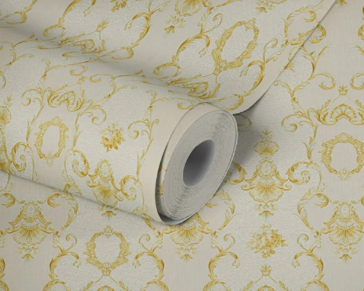 Casa Padrino papel pintado barroco no tejido crema / oro - Papel pintado para salón de estilo barroco con patrón elegante - Accesorios de decoración barroco