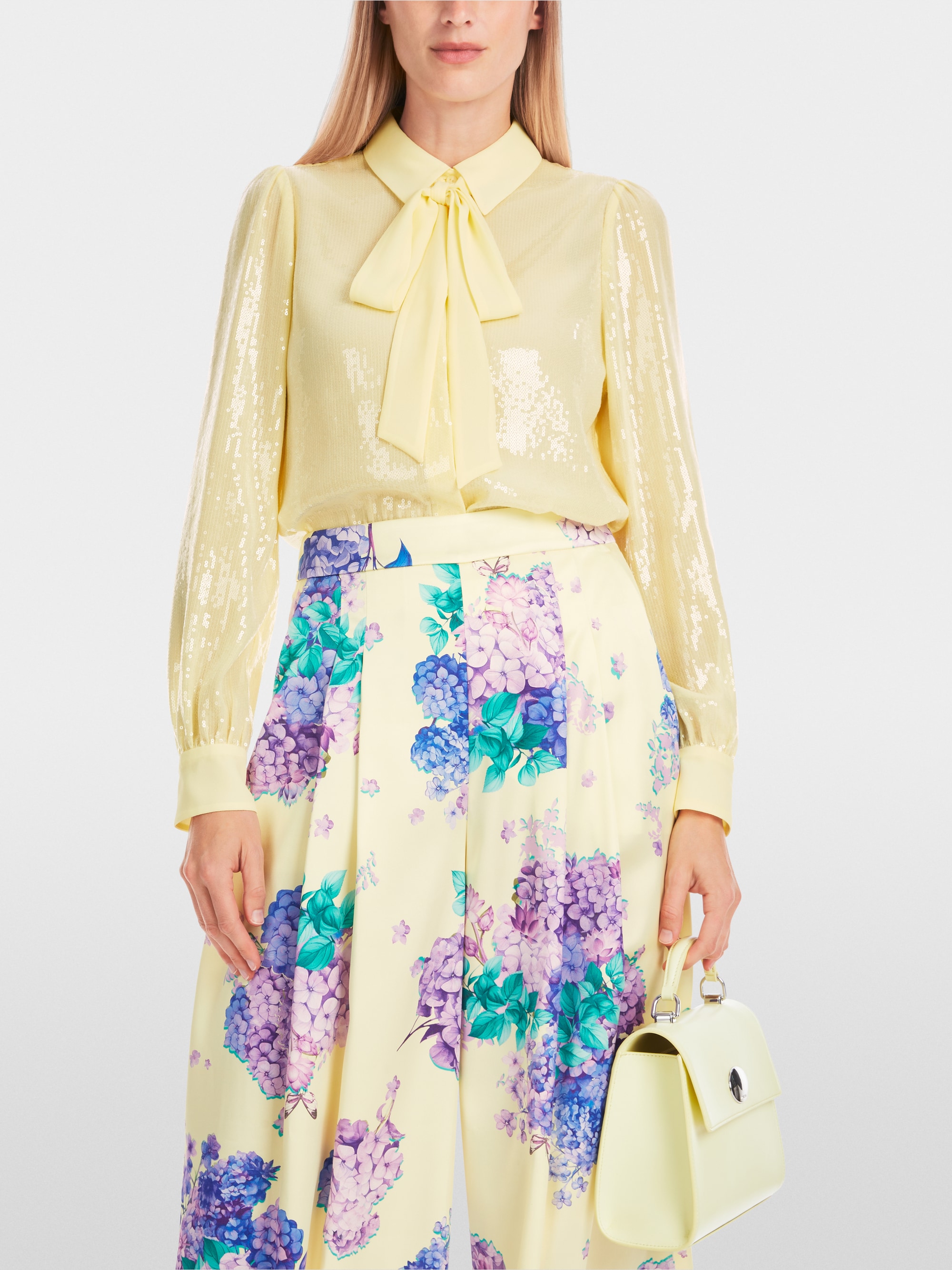 Marc-Cain Plain sequin fabric pussy bow blouse