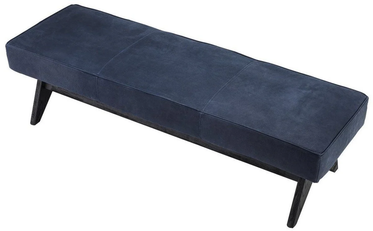 Casa Padrino banco de piel genuina de lujo azul / negro 164 x 54 x A. 44 cm - Banco de madera maciza tapizado con cuero de b¨²falo nobuck fino - Muebles de Lujo