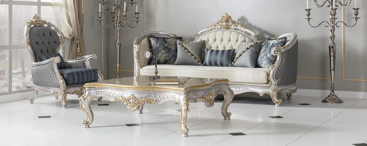 Casa Padrino sof¨¢ de sal¨®n barroco de lujo con cojines decorativos crema / azul / plata / oro 250 x 95 x A. 125 cm - Noble & Magn¨ªfico