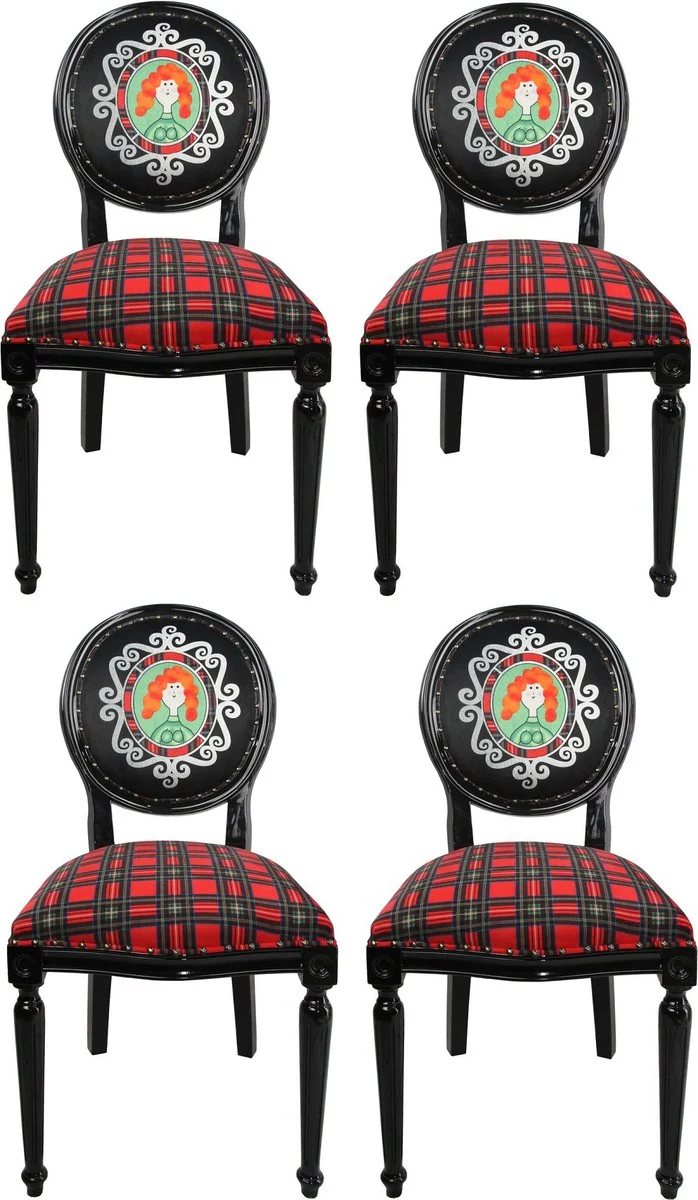 Casa Padrino Conjunto de Sillas de Comedor Barroco de Lujo Escocia Mujer Multicolor / Negro 48 x 50 x H. 98 cm - 4 Sillas de Comedor Hechas a Mano con Diamantes de Imitaci¨®n - Muebles de Comedor Barrocos