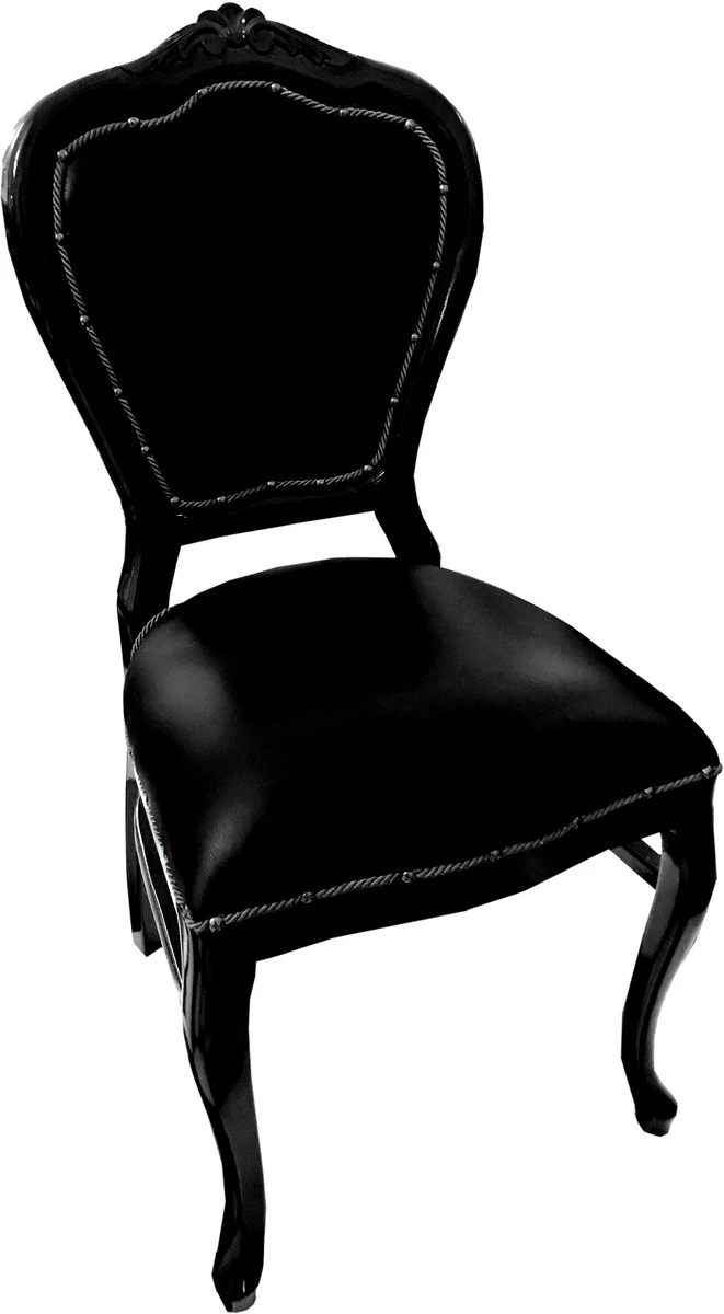 Silla de comedor de cuero real de lujo Casa Padrino Baroque Negro / Negro - Muebles hechos a mano con cuero genuino