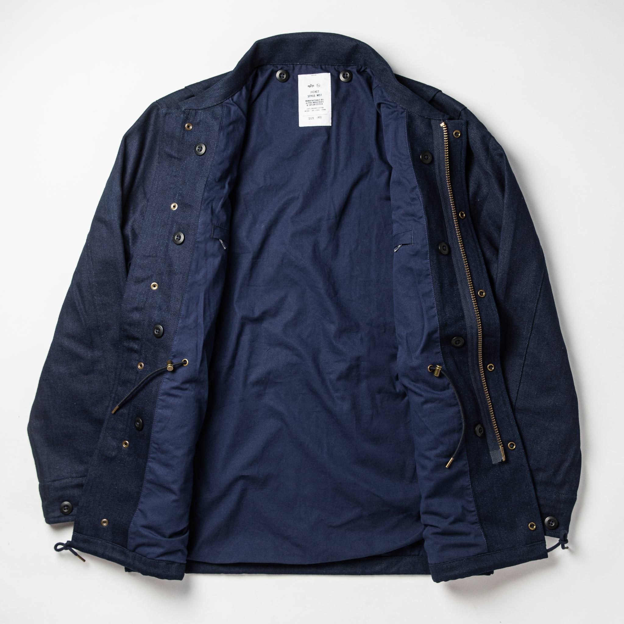 The Taylor Stitch x Alpha Industries M-51 in Indigo Reverse Sateen