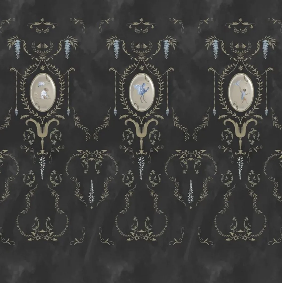 Casa Padrino papel pintado no tejido barroco de lujo negro / multicolor / oro - Papel pintado de salón de estilo barroco con patrón elegante - Decoración de salón barroco